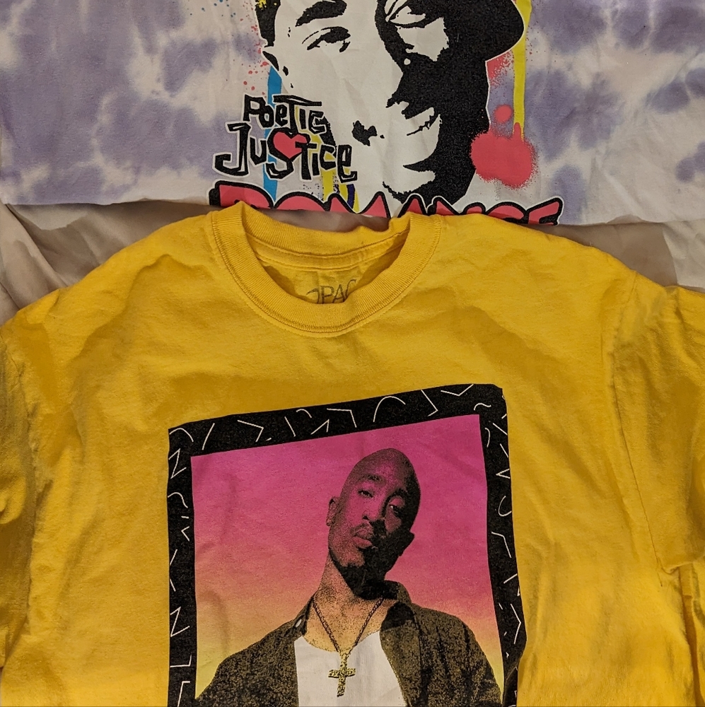 2 tupac t shirts for women yellow and purple,size medium Euc